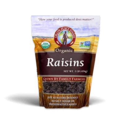 One 1 Pound Bag Of Organic Raisins On A White Background