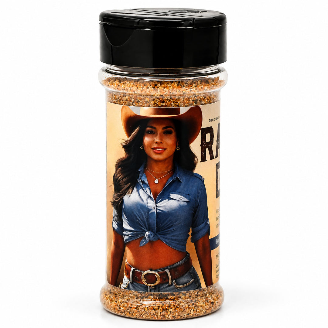 Spice jar with a label featuring a person wearing a cowboy hat and denim shirt on a white background.
