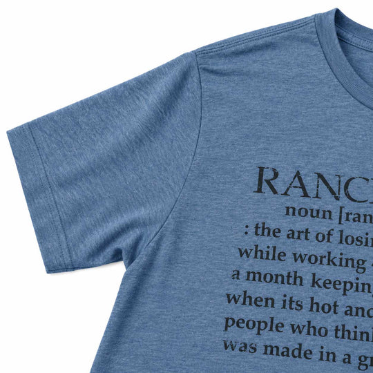 Close-up of a heathered blue short-sleeve t-shirt with black printed text on the front, shown on a plain white background.