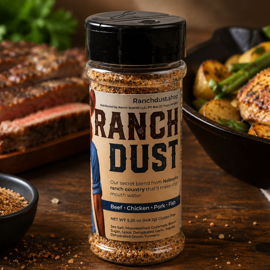 Bottle of Ranch Dust seasoning on a wooden surface with food in the background