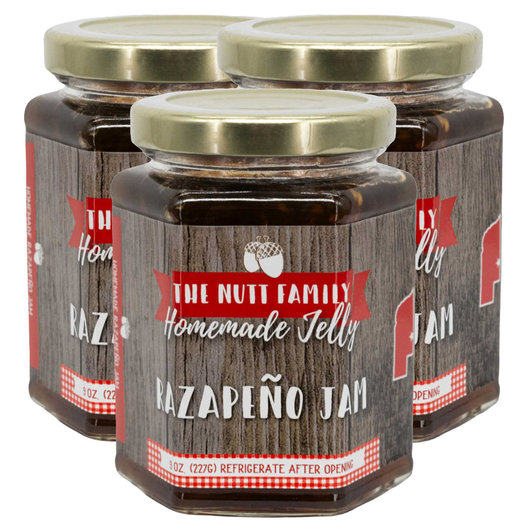 Three jars of The Nutt Family Homemade Jelly Hazapeño Jam on a white background