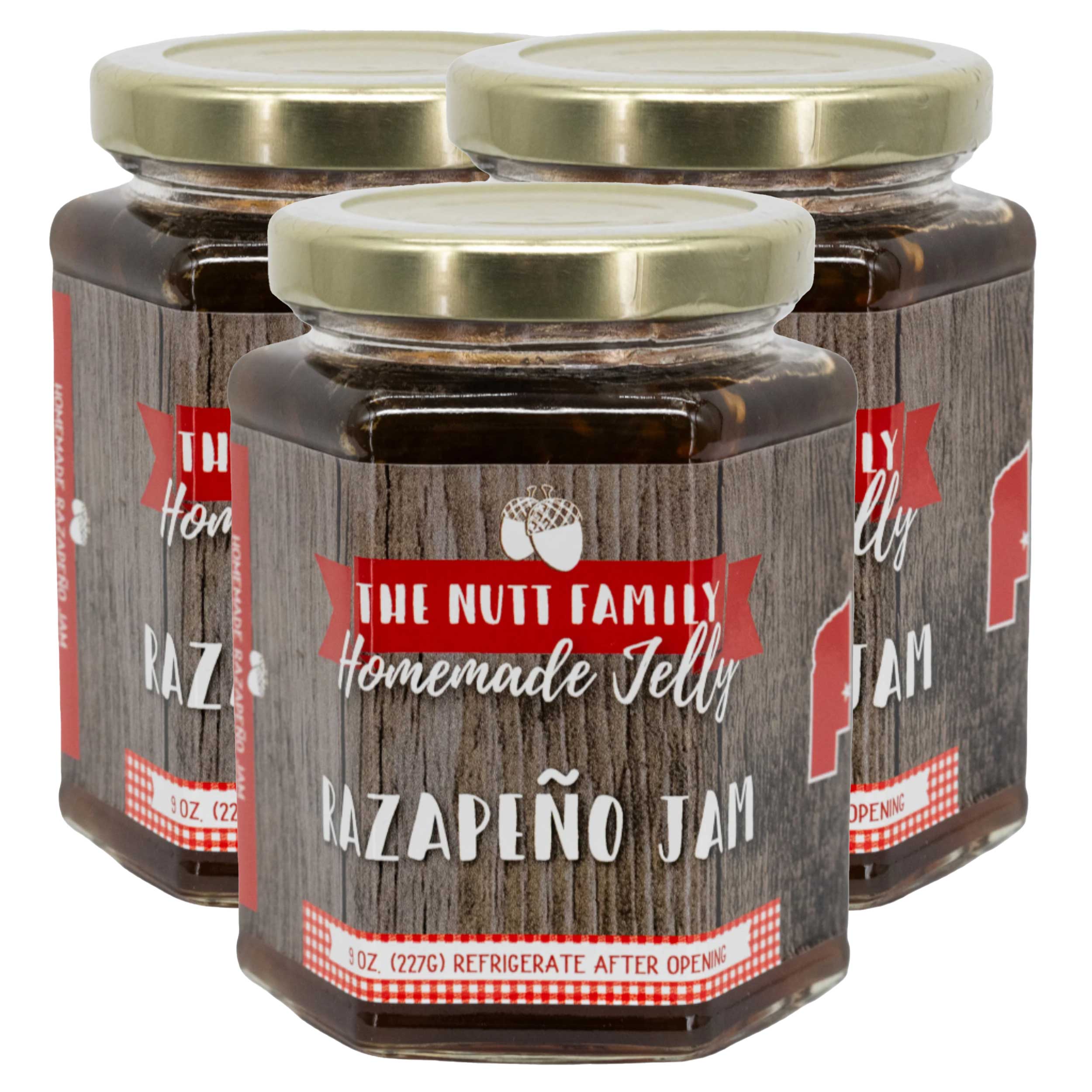 Three jars of The Nutt Family Homemade Jelly Hazapeño Jam on a white background