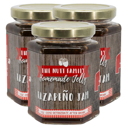 Three jars of The Nutt Family Homemade Jelly Hazapeño Jam on a white background