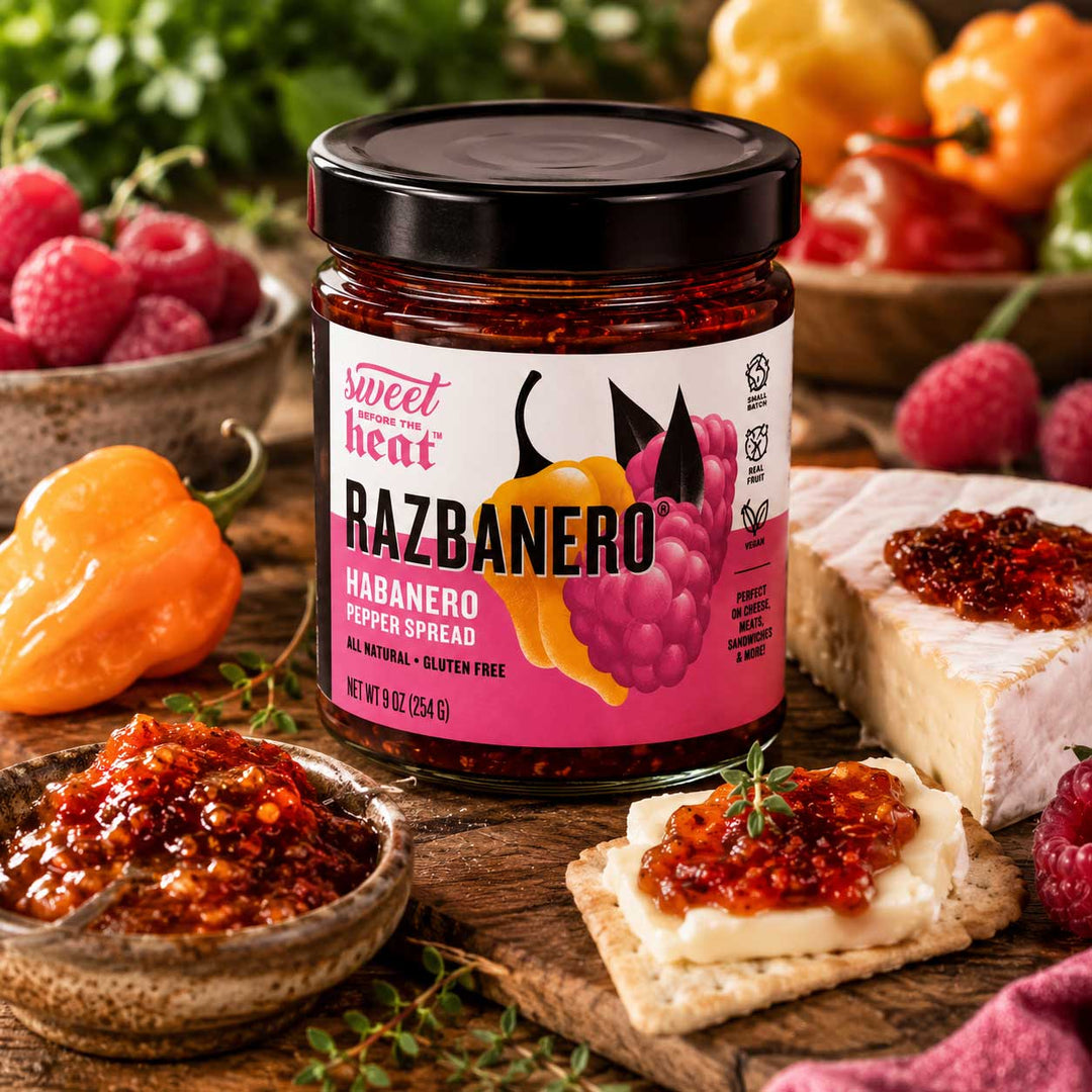 A jar of Sweet as Hell RAZBANERO Habanero Pepper Spread is shown on a rustic wooden board with raspberries, cheese, crackers, and bowls of fresh peppers and herbs.