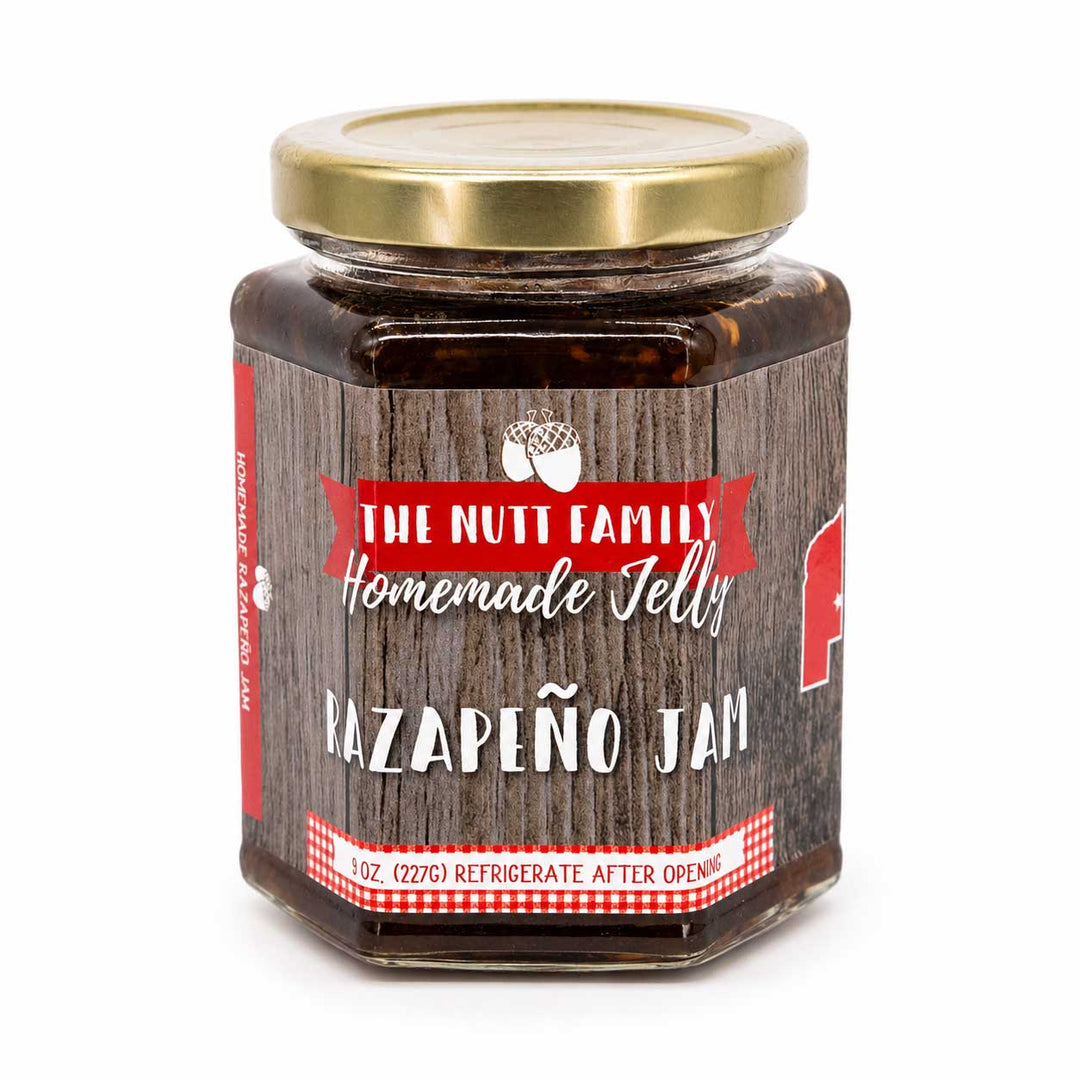 Jar of Razapeño jam with a wooden-textured label on a white background