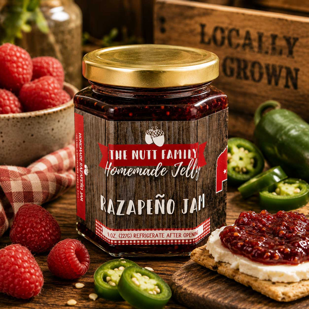 Jar of The Nutt Family Homemade Jelly Razapeño Jam with raspberries and jalapeños on a wooden surface.