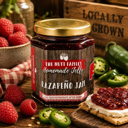 Jar of The Nutt Family Homemade Jelly Razapeño Jam with raspberries and jalapeños on a wooden surface.
