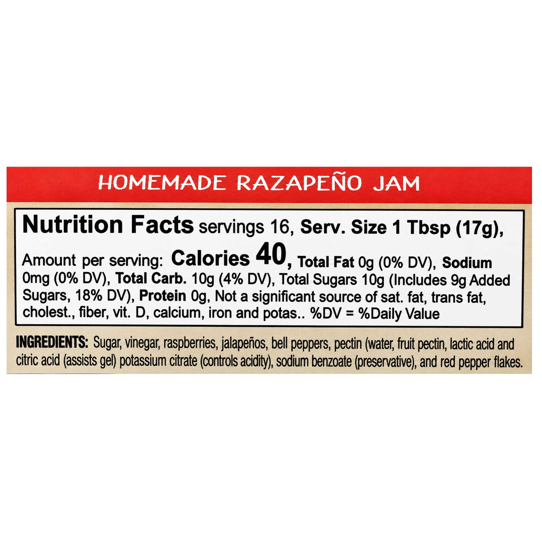 Nutrition facts label for Homemade Razapeño Jam on a white background