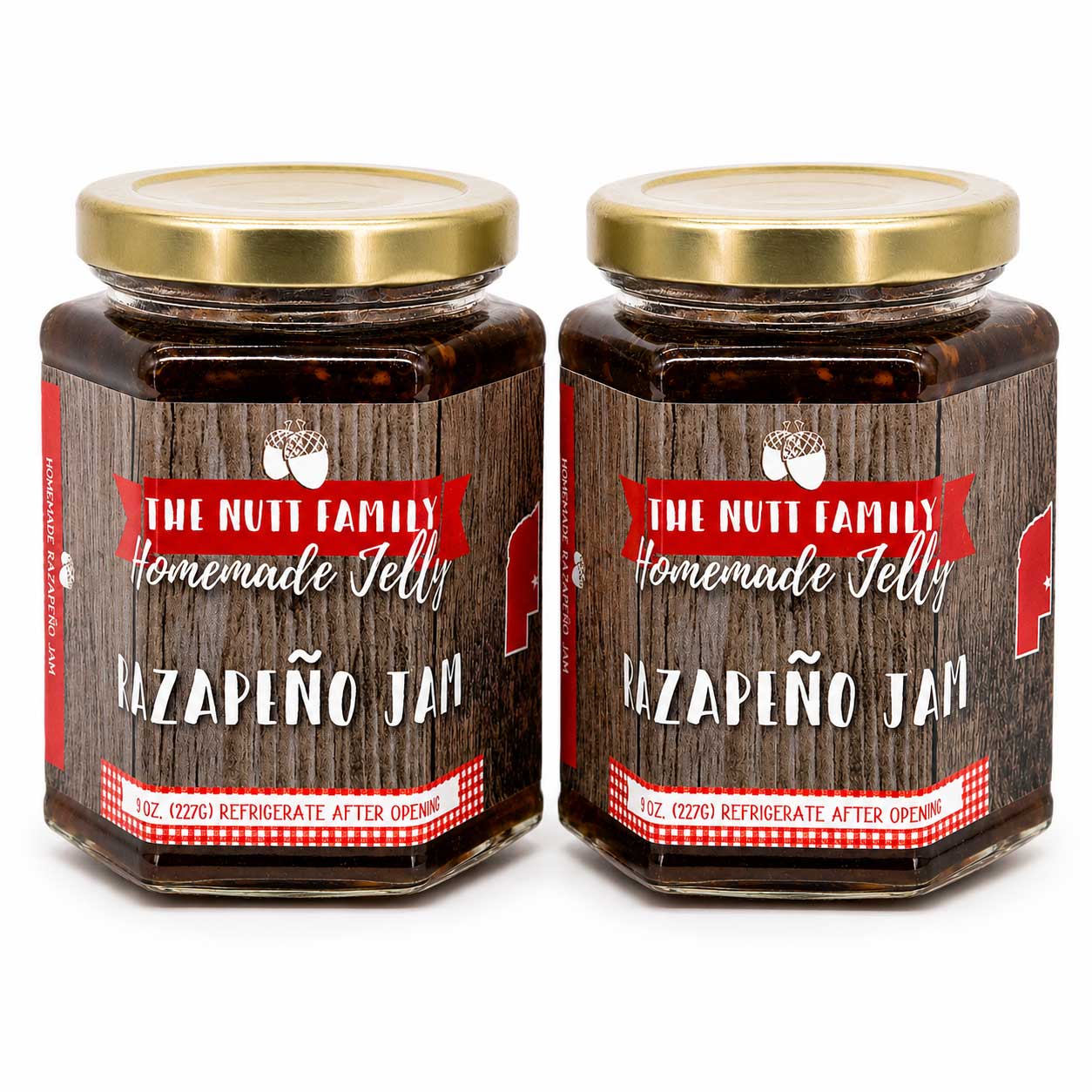Two jars of The Nutt Family Homemade Jelly Bazapén o Jam on a white background