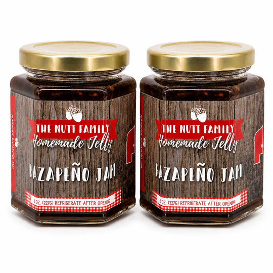 Two jars of The Nutt Family Homemade Jelly Bazapén o Jam on a white background
