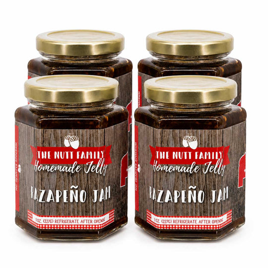 Four jars of Razapeño jelly with wooden label design on a white background