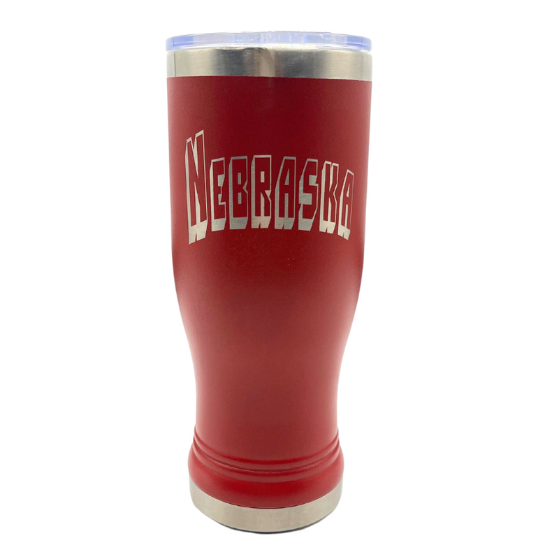 Stainless Steel Pilsner Tumbler | 14 oz. | Nebraska Engraved | Red | Clear, Spill-Resistant Lid Included | Perfect Gift For Husband, Father, and Friend | Made With Durable Materials | Keeps Drinks Hot and Cold For Long Periods of Time