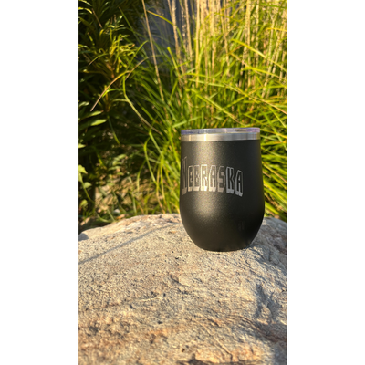 Stainless Steel Stemless Wine Tumbler | 12 oz. | Nebraska Engraved | Black | Perfect Gift for Him or Her | Made to Keep Drinks Cool For Hours | Carefully Crafted | Sweat and Leak Proof | Double Insulated Wall