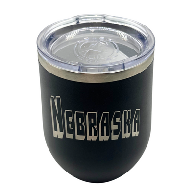 Stainless Steel Stemless Wine Tumbler | 12 oz. | Nebraska Engraved | Black | Perfect Gift for Him or Her | Made to Keep Drinks Cool For Hours | Carefully Crafted | Sweat and Leak Proof | Double Insulated Wall
