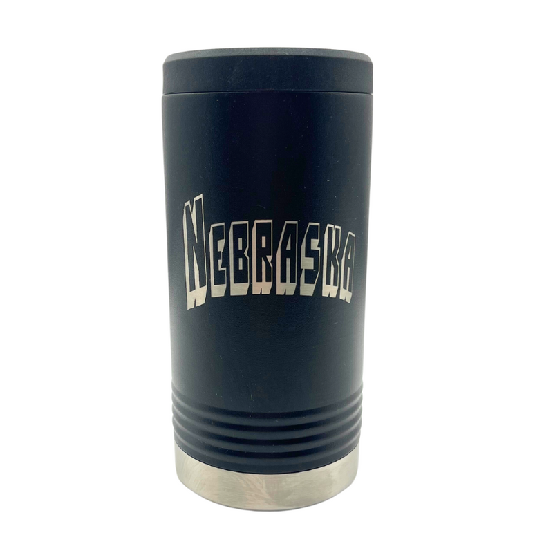 Slim Can Cooler | Insulated Koozie | Nebraska Engraved | Black | Perfect Gift For Him or Her | Keeps Drinks Cold For Long Periods of Time | Hand Crafted | Double Insulated Wall