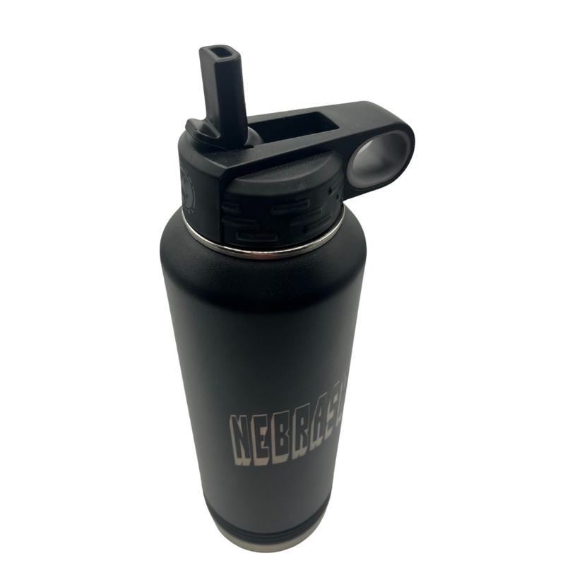 Vacuum Insulated Water Bottle | 40 oz. | Nebraska Engraved | Black | Straw and Flip Lid Included | Perfect For Busy Kids and Adults | Made With Durable Materials | Keeps Drinks Cold and Hot | Double Insulated Wall