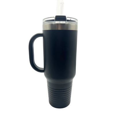 Vacuum Insulated Water Bottle With Handle | 40 oz. | Nebraska Engraved | Black | Straw and Spill-Proof Lid Provided | Stanley Travel Mug Dupe | Made With Durable Materials | Keeps Drinks Cold and Hot | Double Insulated Wall