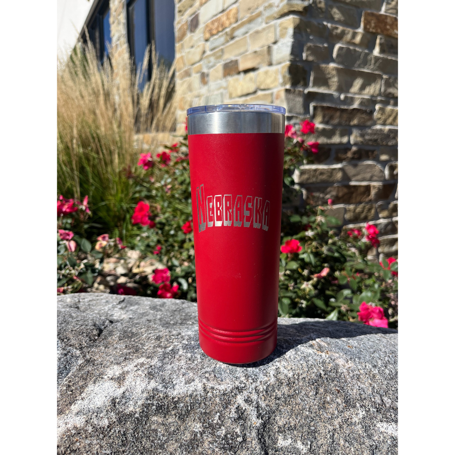 22 oz. Stainless Steel Skinny Tumbler | Nebraska Engraved | Red | Sweat-Proof Koozie | Made in Alda, NE | RCK Creations & More