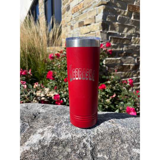 22 oz. Stainless Steel Skinny Tumbler | Nebraska Engraved | Red | Sweat-Proof Koozie | Made in Alda, NE | RCK Creations & More