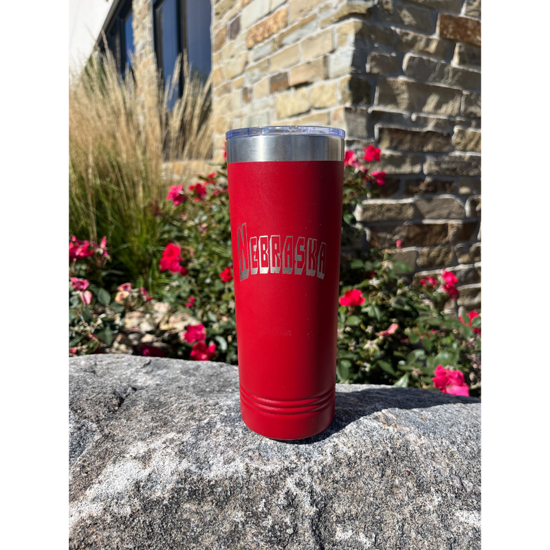 Nebraska Engraved Skinny Tumbler with Slider Lid | 22 oz. | Red | Fits Perfect In Cup Holder | Keeps Drinks Hot and Cold | Insulated Cup | Perfect Gift for Nebraska Fan | Sweat Proof | Leak Proof