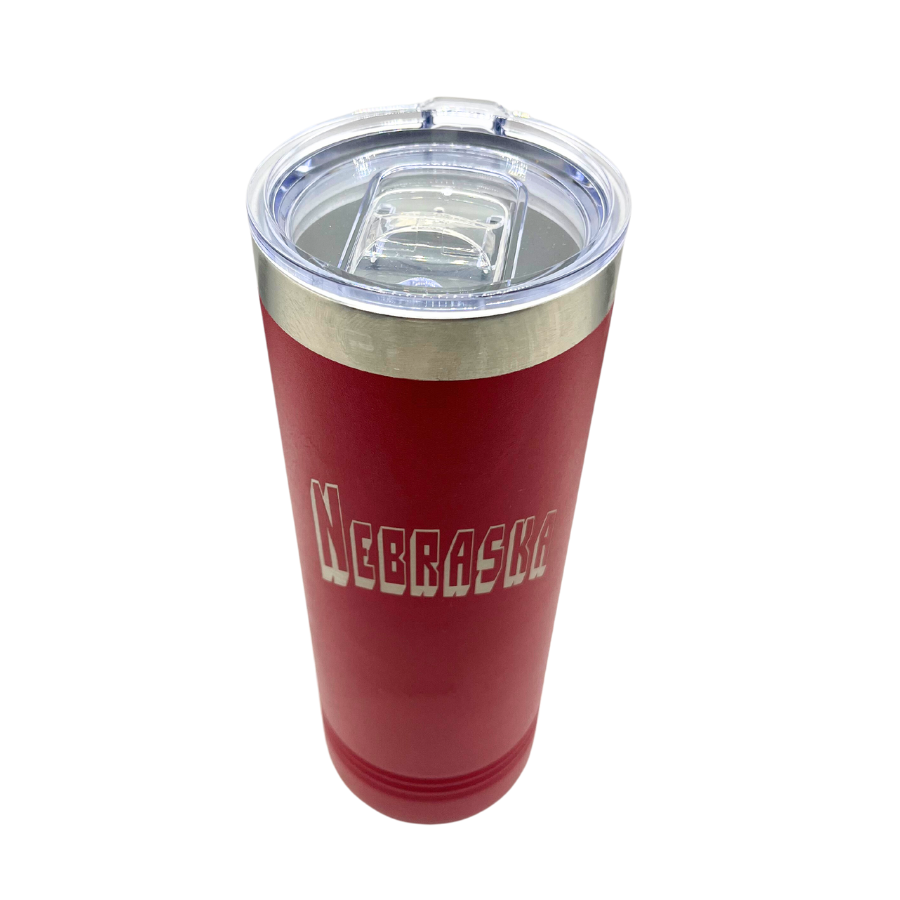 22 oz. Stainless Steel Skinny Tumbler | Nebraska Engraved | Red | Sweat-Proof Koozie | Made in Alda, NE | RCK Creations & More