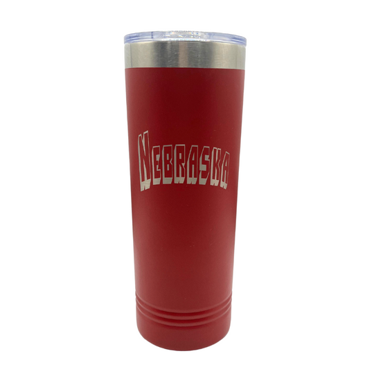 22 oz. Stainless Steel Skinny Tumbler | Nebraska Engraved | Red | Sweat-Proof Koozie | Made in Alda, NE | RCK Creations & More