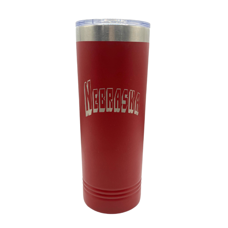 Nebraska Engraved Skinny Tumbler with Slider Lid | 22 oz. | Red | Fits Perfect In Cup Holder | Keeps Drinks Hot and Cold | Insulated Cup | Perfect Gift for Nebraska Fan | Sweat Proof | Leak Proof