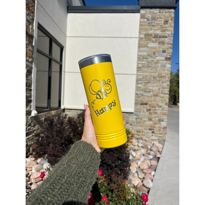 Yellow "Bee" Happy Skinny Tumbler with Slider Lid | 22 oz. | Keeps Drinks Hot/Cold | Highly Insulated Tumbler | Makes For The Perfect Gift