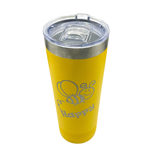 Yellow "Bee" Happy Skinny Tumbler with Slider Lid | 22 oz. | Keeps Drinks Hot/Cold | Highly Insulated Tumbler | Makes For The Perfect Gift