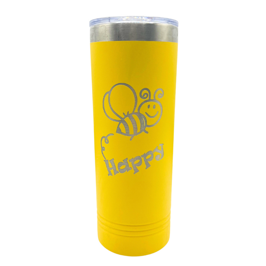 Yellow "Bee" Happy Skinny Tumbler with Slider Lid | 22 oz. | Keeps Drinks Hot/Cold | Highly Insulated Tumbler | Makes For The Perfect Gift