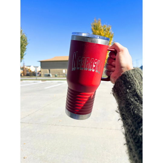 20 oz. Stainless Steel Cup with Handle | Nebraska Engraved | Red | Nebraska Cup | Made in Alda, NE | RCK Creations & More