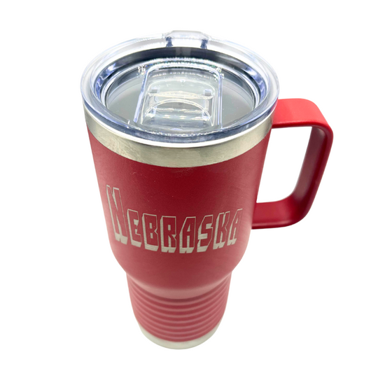 20 oz. Stainless Steel Cup with Handle | Nebraska Engraved | Red | Nebraska Cup | Made in Alda, NE | RCK Creations & More