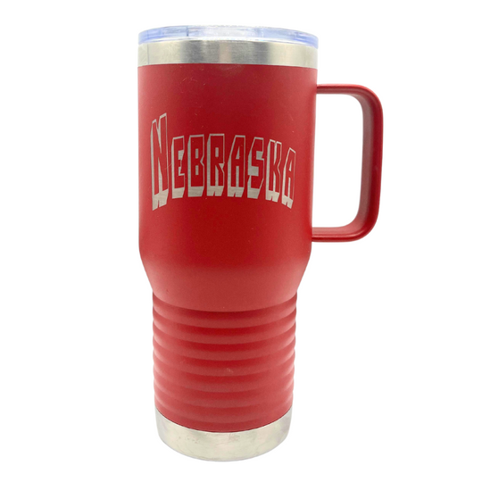 20 oz. Stainless Steel Cup with Handle | Nebraska Engraved | Red | Nebraska Cup | Made in Alda, NE | RCK Creations & More