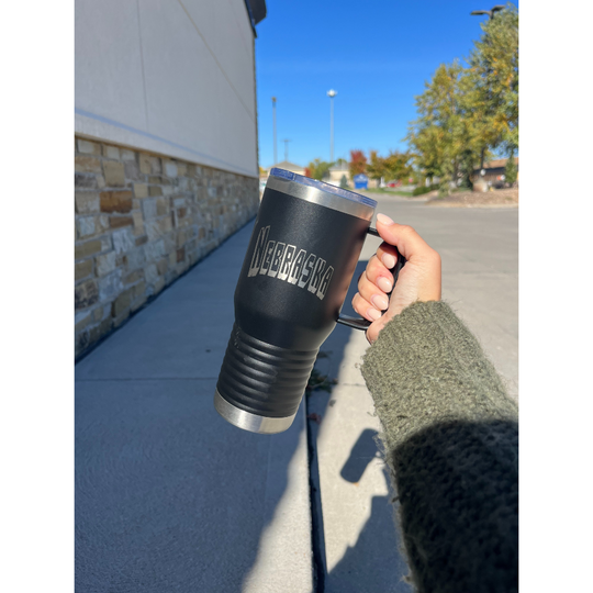 20 oz. Stainless Steel Cup with Handle | Nebraska Engraved | Black | Keeps Drinks Hot or Cold | Made in Alda, NE | RCK Creations & More