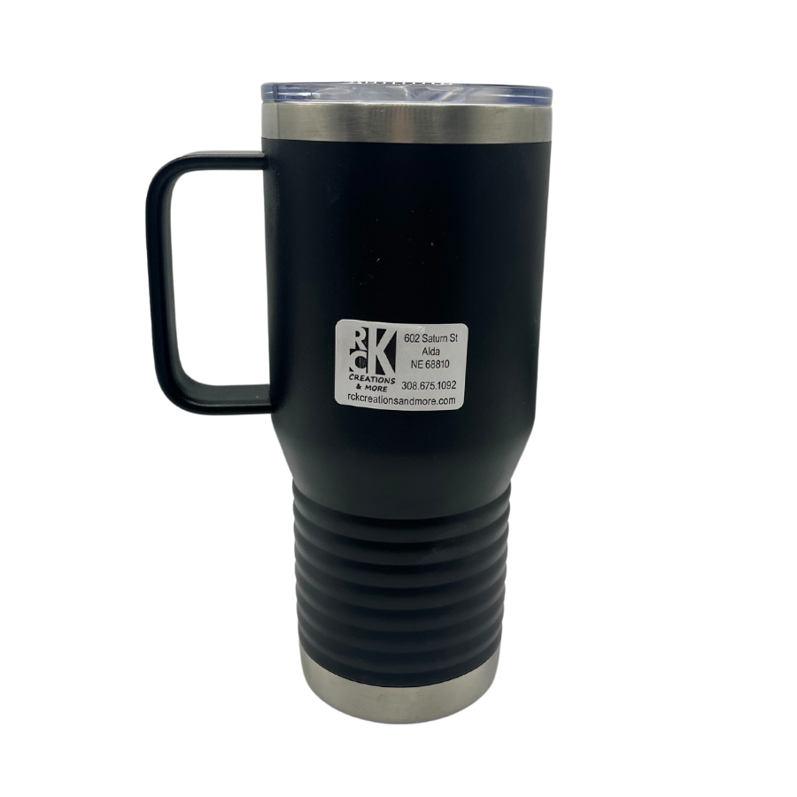 20 oz. Stainless Steel Cup with Handle | Nebraska Engraved | Black | Keeps Drinks Hot or Cold | Made in Alda, NE | RCK Creations & More