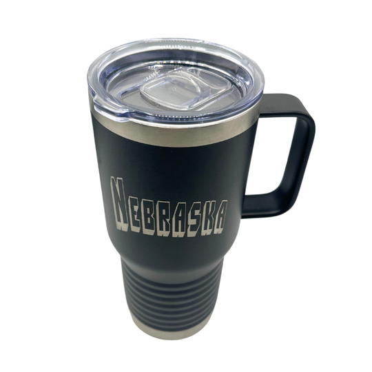 20 oz. Stainless Steel Cup with Handle | Nebraska Engraved | Black | Keeps Drinks Hot or Cold | Made in Alda, NE | RCK Creations & More