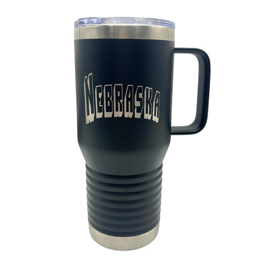 20 oz. Stainless Steel Cup with Handle | Nebraska Engraved | Black | Keeps Drinks Hot or Cold | Made in Alda, NE | RCK Creations & More