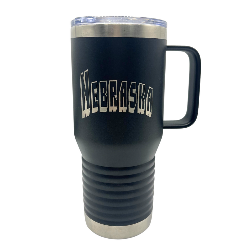 Nebraska Engraved Insulated Cup with Handle | 20 oz. | Black | Fits Perfect In Cup Holders | Keeps Drinks Hot and Cold | Sweat Proof | Highly Insulated | Perfect Gift for Nebraska Fans | Leak Proof | Nebraska Made