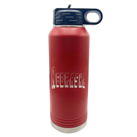 32 oz. Stainless Steel Water Bottle | Nebraska Engraved | Red | Straw and Flip Lid Included | Made in Alda, NE | RCK Creations & More