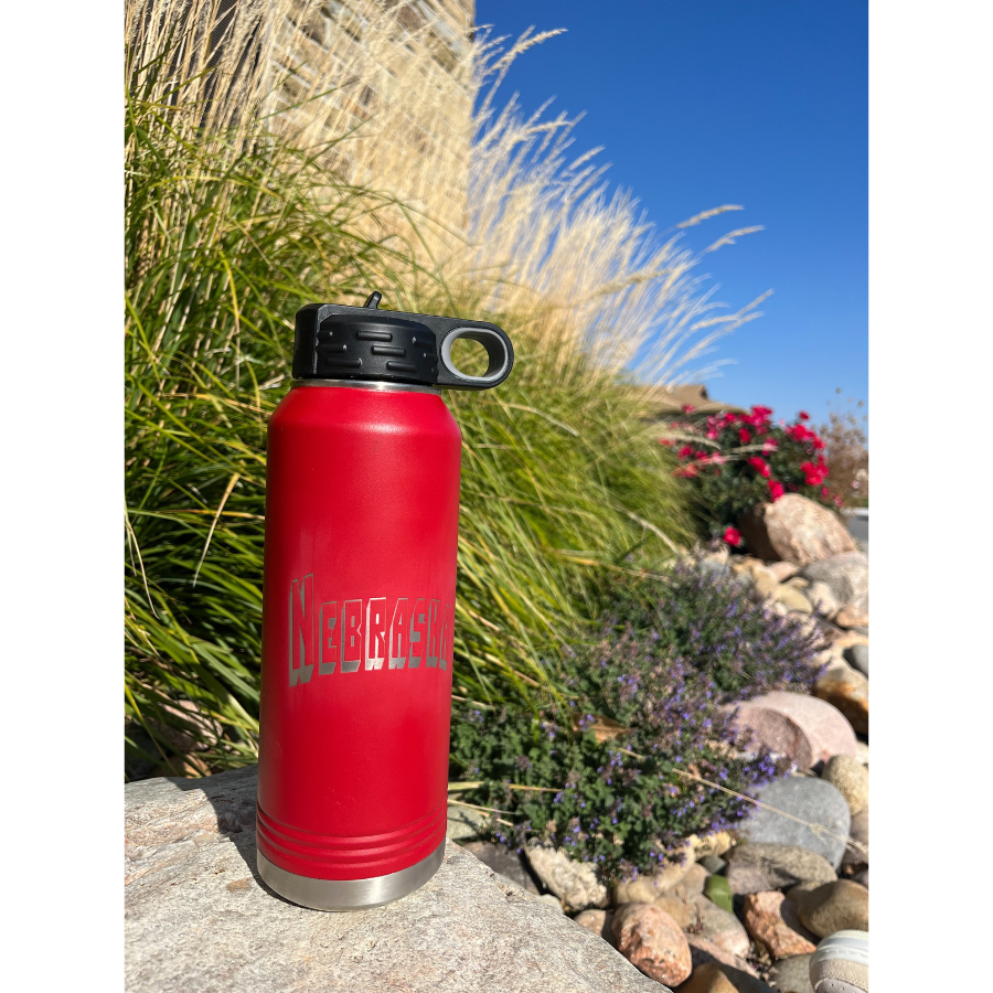 32 oz. Stainless Steel Water Bottle | Nebraska Engraved | Red | Straw and Flip Lid Included | Made in Alda, NE | RCK Creations & More