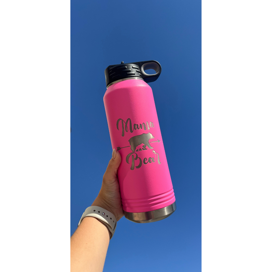 32 oz. Stainless Steel Water Bottle | "Mama Bear" Design | Hot Pink | Straw and Flip Lid | Made in Alda, NE | RCK Creations & More