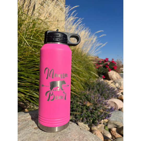 32 oz. Stainless Steel Water Bottle | "Mama Bear" Design | Hot Pink | Straw and Flip Lid | Made in Alda, NE | RCK Creations & More