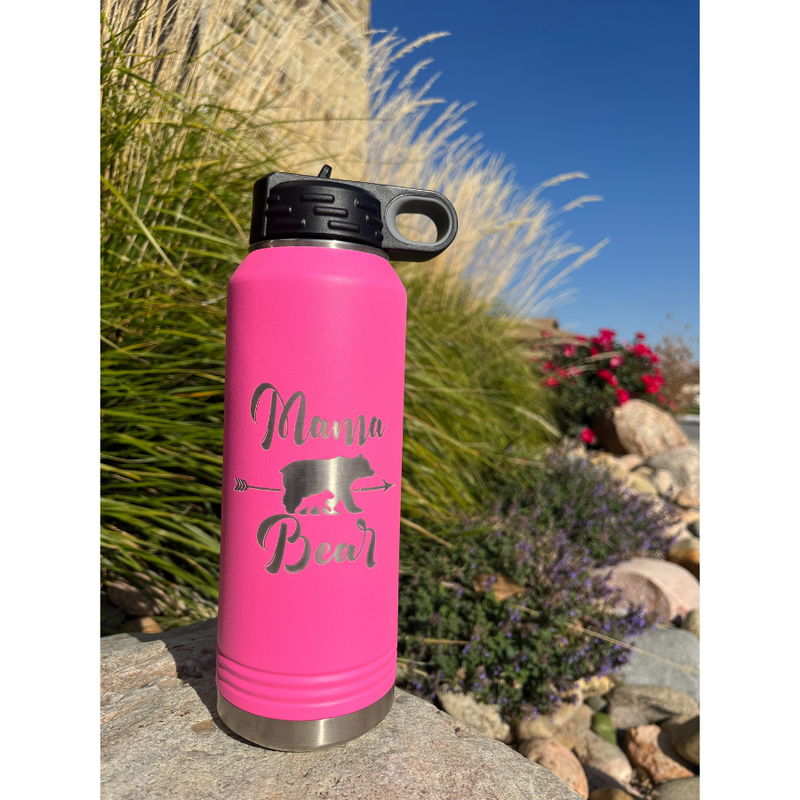 Metal Vacuum Insulated Water Bottle | 32 oz. | "Mama Bear" | Hot Pink Water Bottle | Straw and Flip Lid Included | Leak and Sweat Proof | Double Insulated Wall | Convenient For All Occasions | Perfect Gift For Mom, Sister, Or Friend