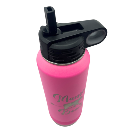 32 oz. Stainless Steel Water Bottle | "Mama Bear" Design | Hot Pink | Straw and Flip Lid | Made in Alda, NE | RCK Creations & More