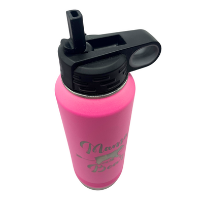 Metal Vacuum Insulated Water Bottle | 32 oz. | "Mama Bear" | Hot Pink Water Bottle | Straw and Flip Lid Included | Leak and Sweat Proof | Double Insulated Wall | Convenient For All Occasions | Perfect Gift For Mom, Sister, Or Friend