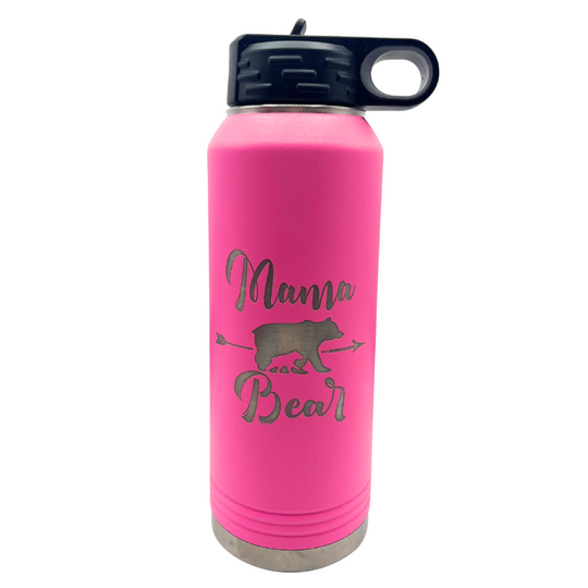 32 oz. Stainless Steel Water Bottle | "Mama Bear" Design | Hot Pink | Straw and Flip Lid | Made in Alda, NE | RCK Creations & More