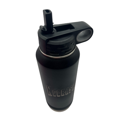 Metal Vacuum Insulated Water Bottle | 32 oz. | Nebraska Engraved | Black | Straw and Modern Flip Lid Included | Leak and Sweat Proof | Double Wall To Keep Drinks Hot and Cold | Convenient For All Ages | On The Go Water Bottle | Customizable