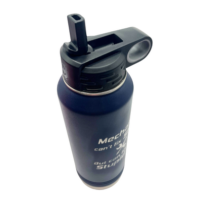 Metal Vacuum Insulated Water Bottle | 32 oz. | "Mechanics Can't Fix Stupid But Can Fix What Stupid Does" | Dark Navy | Straw and Flip Lid Included | Leak and Sweat Proof | Double Insulated Wall | Convenient For All Occasions | Perfect Gift For Mechanic