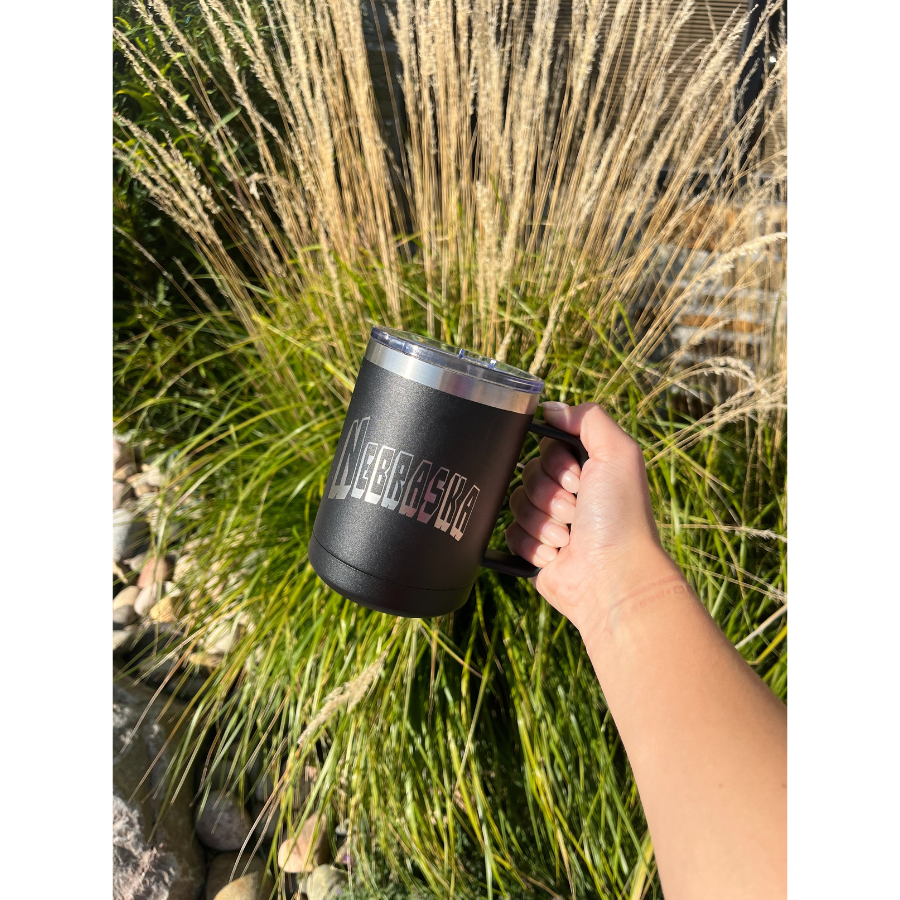 15 oz. Stainless Steel Mug Tumbler with Handle | Nebraska Engraved | Black | Double Insulated | Made in Alda, NE | RCK Creations & More