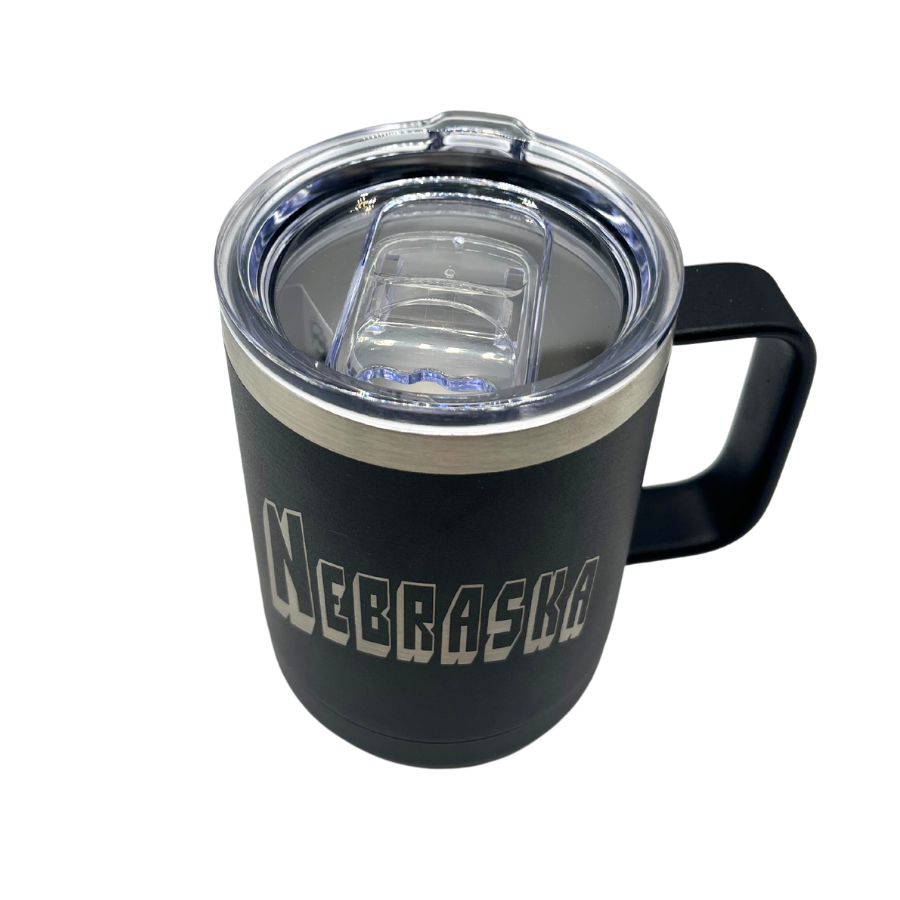 15 oz. Stainless Steel Mug Tumbler with Handle | Nebraska Engraved | Black | Double Insulated Wall | Keeps Drinks Hot/Cold